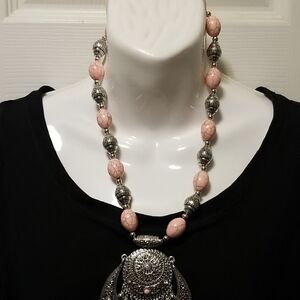 Pink and Silver Necklace with Ornate Pendant